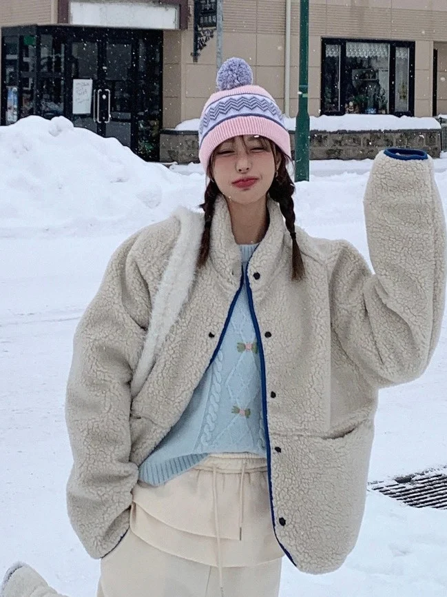 شتاء جديد لطيف متعدد الاستخدامات لون فرو الضأن بلو جايت المرأة شيك Aosphere الإحساس ort قمة الكورية Sle فضفاضة تناسب #2