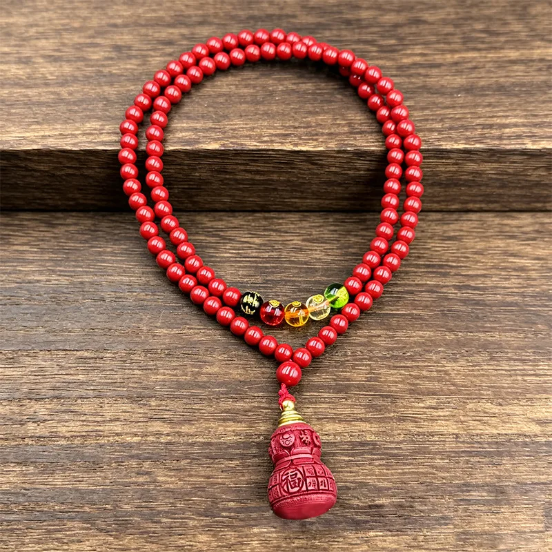 Chinese Style Feng Shui Cinnabar Hundred Blessings Gourd Pendant Necklace 6mm 8mm Glaze Beads Five Wealth Gods Lucky Fortune Ble