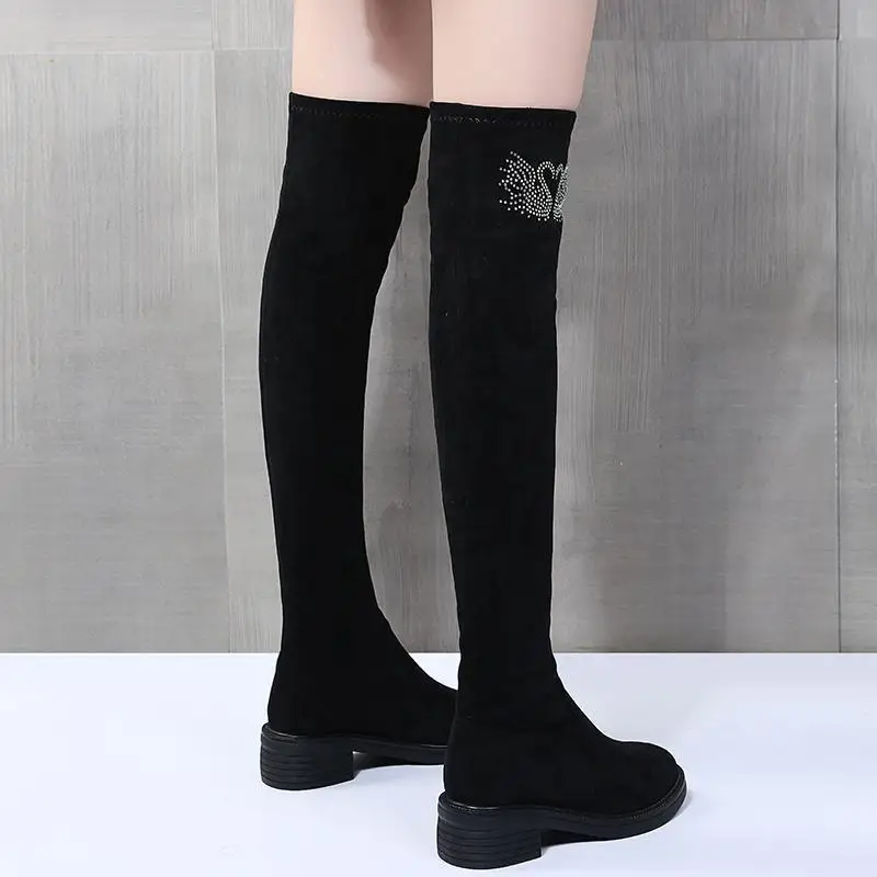 

2025 New Autumn Winter Black Velvet Leather Women's Stretch Over The Knee Boots Rhinestone Slimming Versatile High Boots