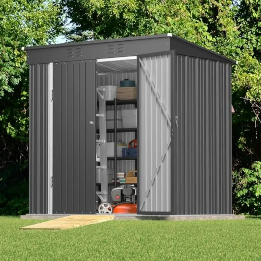 6x4 Feet Outdoor Shed, Metal Garden Shed Lockable Doors