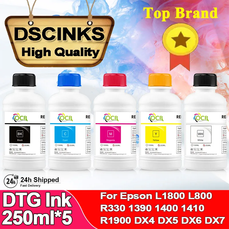 5Colors/Set 250ml DTG Textile Ink for Epson L1800 L800 R330 1390 1400 1410 R1900 DX4 DX5 DX6 DX7 Printhead & DTG Printer