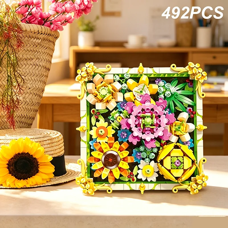 

492PCS Preserved Flower Photo Frame Building Blocks Sunflower Rose Bouquet Model Desktop Decor DIY Toys Adult Holiday Gift