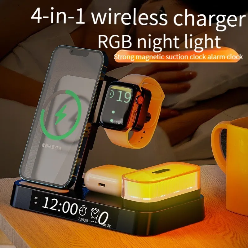 4 in 1 Foldable Wireless Charger Bracket Stands For Airpod Apple Watch iPhone Earbouds and Touch LED RBG Light and Clock Display