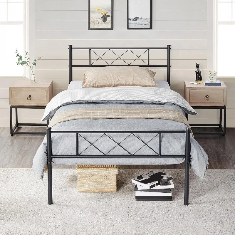 

Twin Metal Platform Bed Frame Mattress Foundation with Headboard and Footboard Bed Storage Steel Slats Black