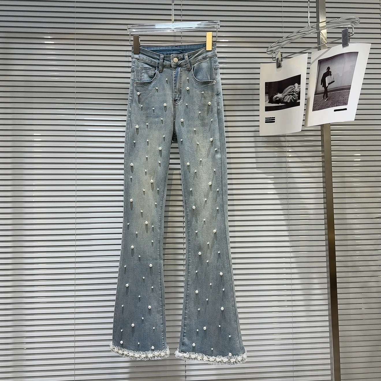 

2025 spring new pearl studded lace trousers edge wash water micro ripped jeans woman
