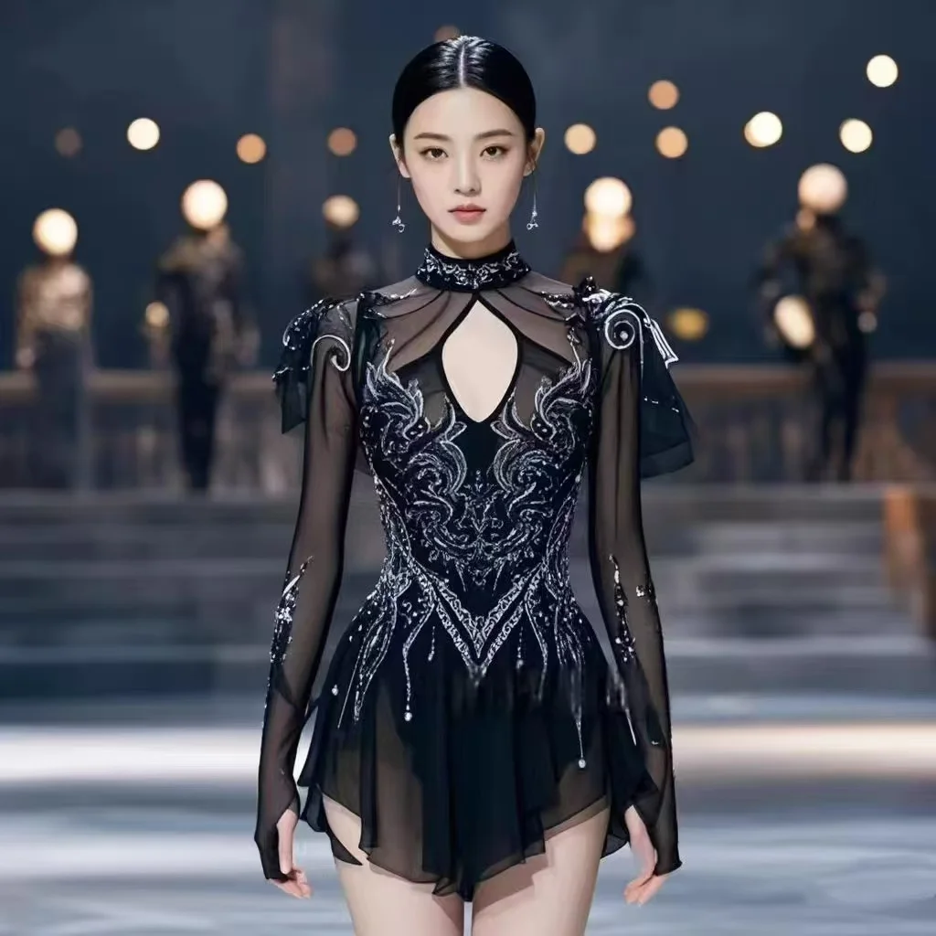 ผู้หญิง Rhinestone สเก็ตลีลาชุดยิมนาสติก Leotard ชุดสเก็ตน้ําแข็งการแข่งขันเต้นรําเครื่องแต่งกาย