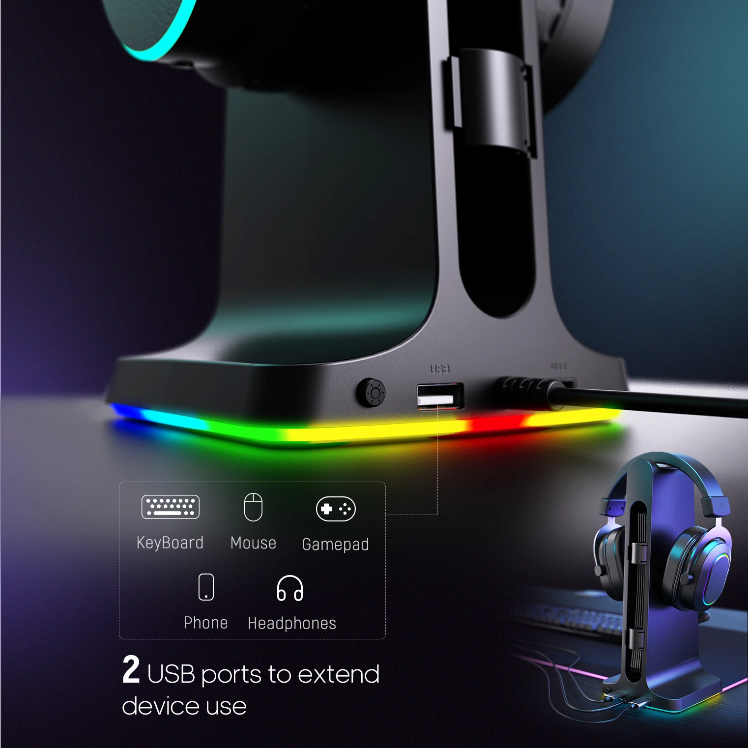 FIFINE RGB Headphone Stand,with Power Strip 2 in1,USB Headset Holder for Gaming Headphone/Bluetooth Headphone-Ampligame S3