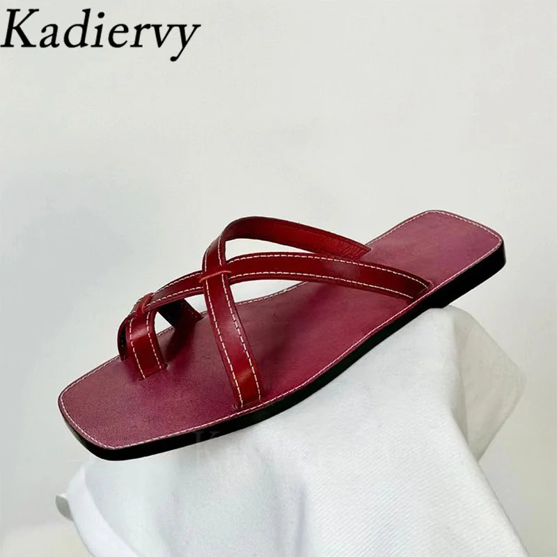 Chanclas de piel auténtica para mujer, zapatos cómodos de banda estrecha, chanclas planas de verano, color negro y rojo, novedad