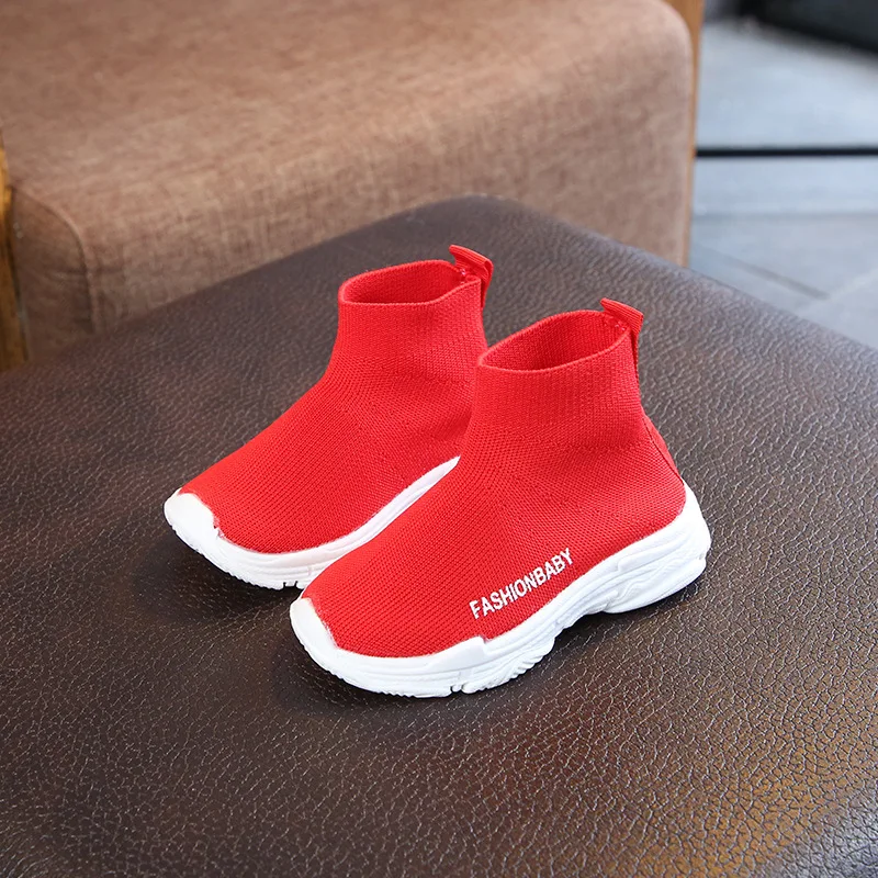 Autumn New Children's Socks and Shoes Boys and Girls Fly Woven Breathable Mesh Sneaker High Top Elastic Shoes Sneakers