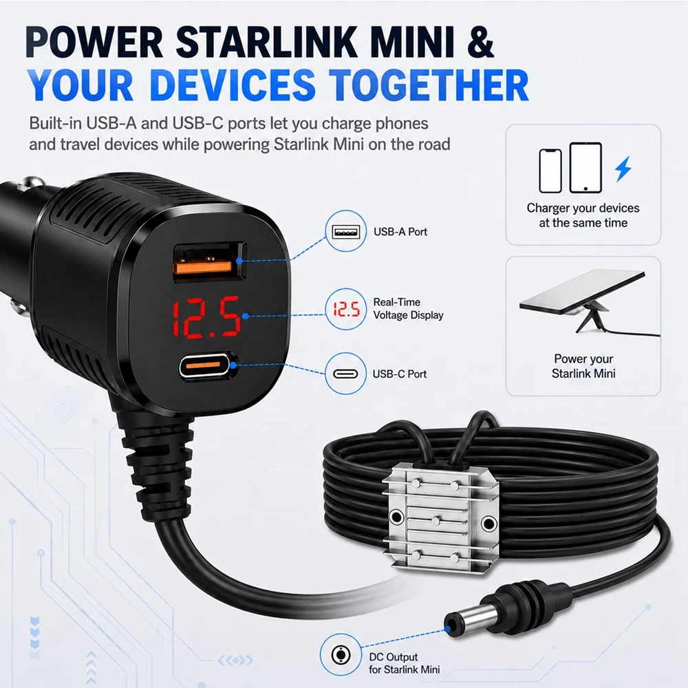 For Starlink Mini Car Charger Cigarette Lighter Adapter 12V-24V to 30V Step Up Converter 2m/3m DC Power Cable Car Accessories