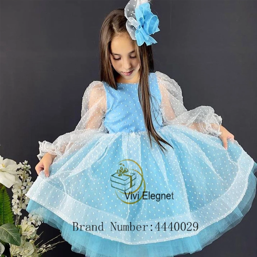 Abiti da ragazza di fiori a maniche lunghe con paletta verde menta con morbido Tulle Tutu abiti da festa di nozze lunghezza al ginocchio 2023 Summer muslimah bocch0 0 0 0