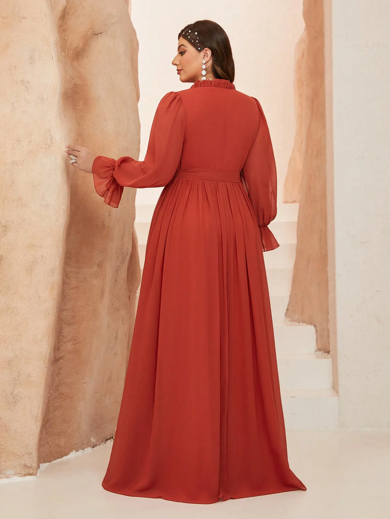Mgiacy V-neck irregularly crossed pleated wooden earflap strap chiffon full-skirted long-sleeved dress