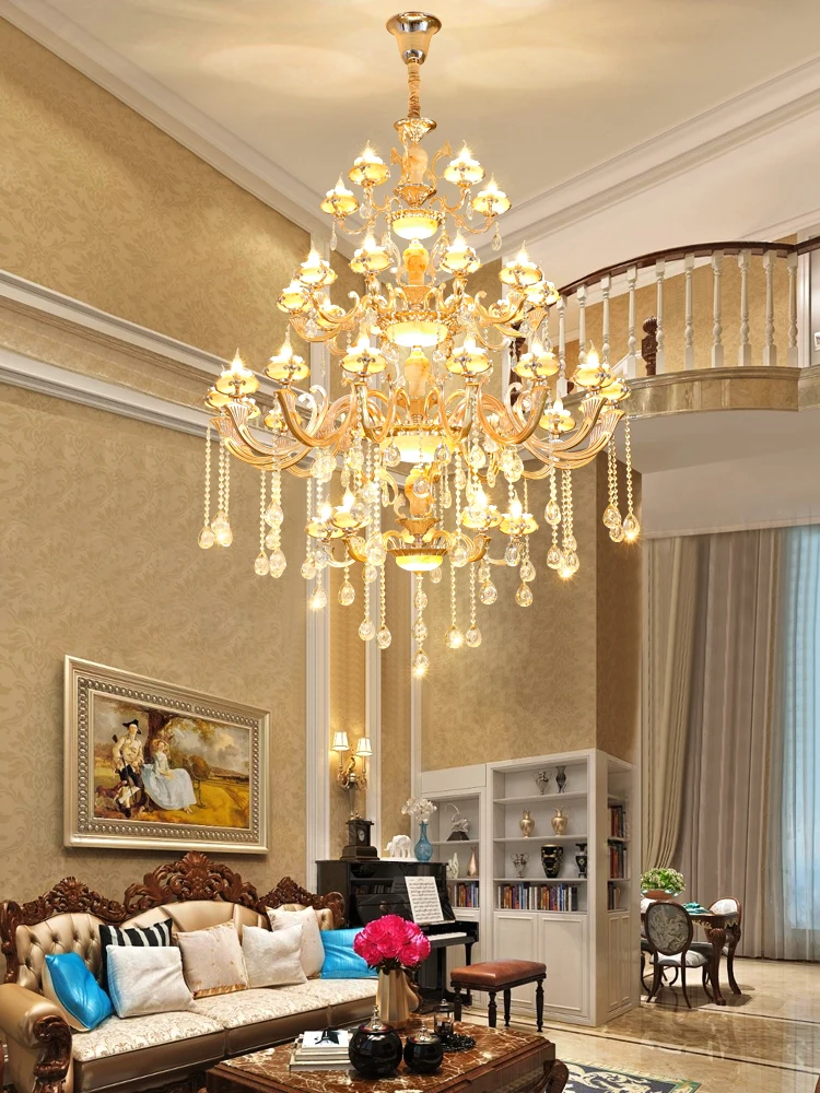 

European Jade Lamp Living Room Villa Duplex Building Luxury Grand Hotel Staircase Zinc Alloy Crystal Pendant Lights French Led