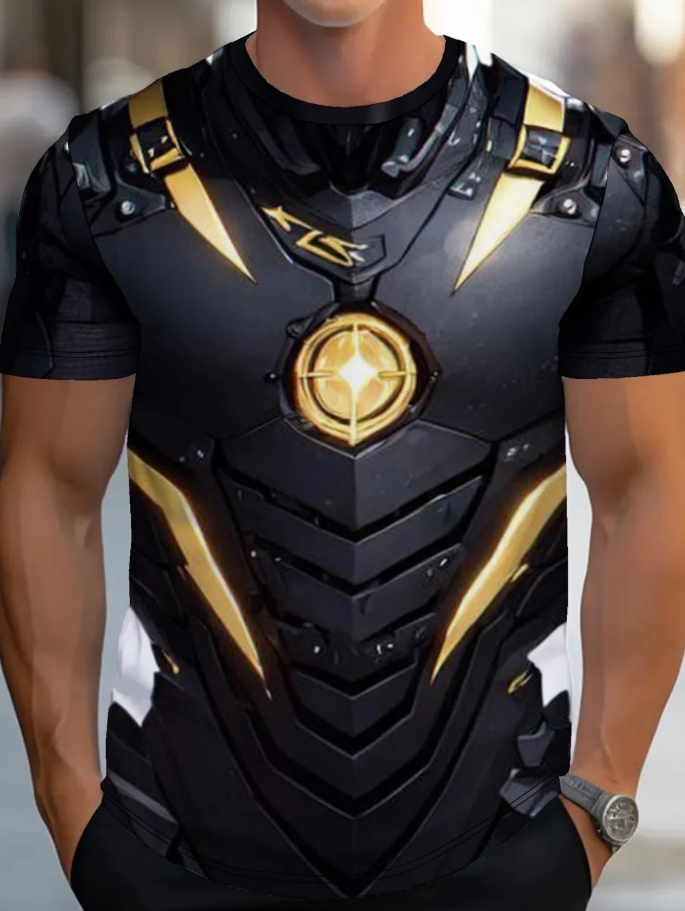 Herren 3D-gedrucktes Street Knight Gold Ninja Rüstungs-T-Shirt – Lässiges Harajuku O-Neck Party Rollenspiel Kurzarm Lustiges T-Shirt – Detail 6