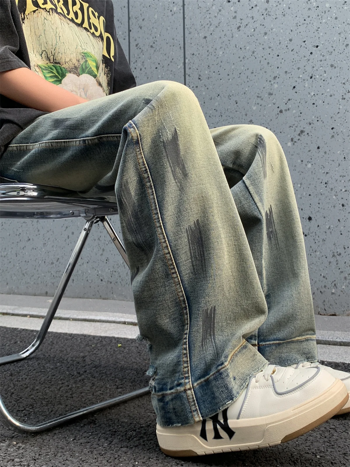 

Retro Waed Men's Jeans American INS Trendy Loose Straight Leg Pants Cool High Street Splaed Ink Wide Leg Long Pants