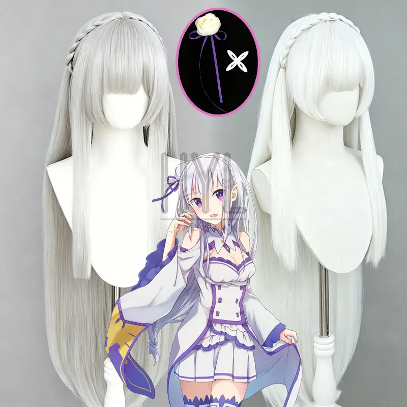 Anime Re:Zero Emilia Cosplay-Perücke, silberweiß, lang, natürlich aussehendes Kunsthaar, Kopfbedeckung für Damen und Herren, Halloween-Kostümparty
