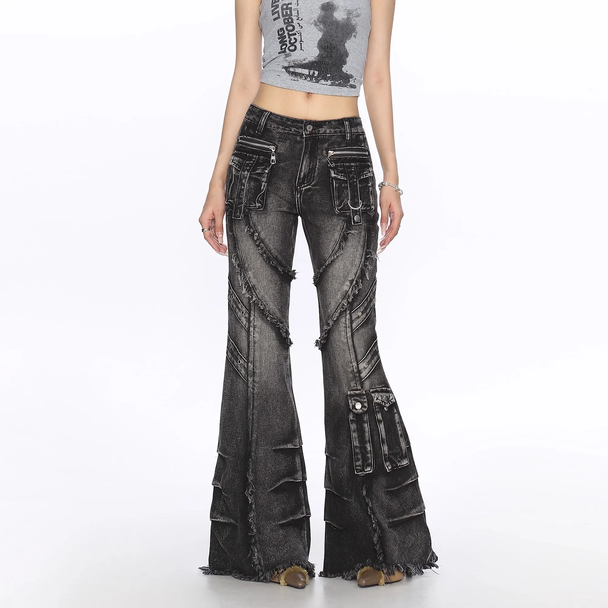 

Женские джинсовые брюки Темные джинсы-карго Расклешенные дизайнерские брюки-клеш High Street 2000-х годов Harajuku Эстетические винтажные джинсовые брюки