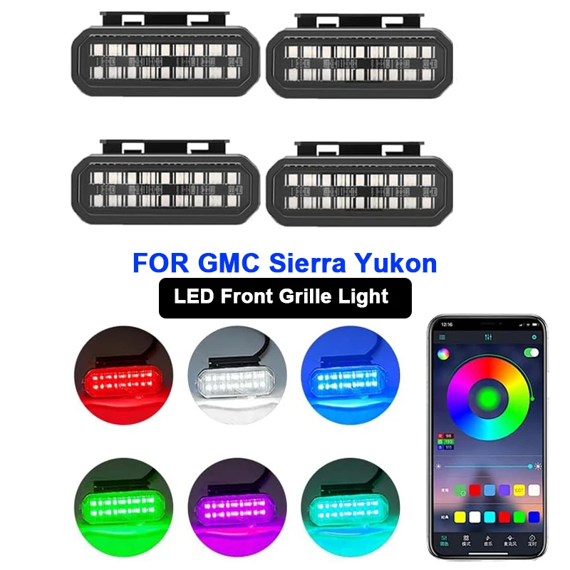 4PCS Amber RGB LED Grill Lights for Trucks, Universal Clip-On Truck Grill Lights with Wiring Harness for GMC Sierra Yukon