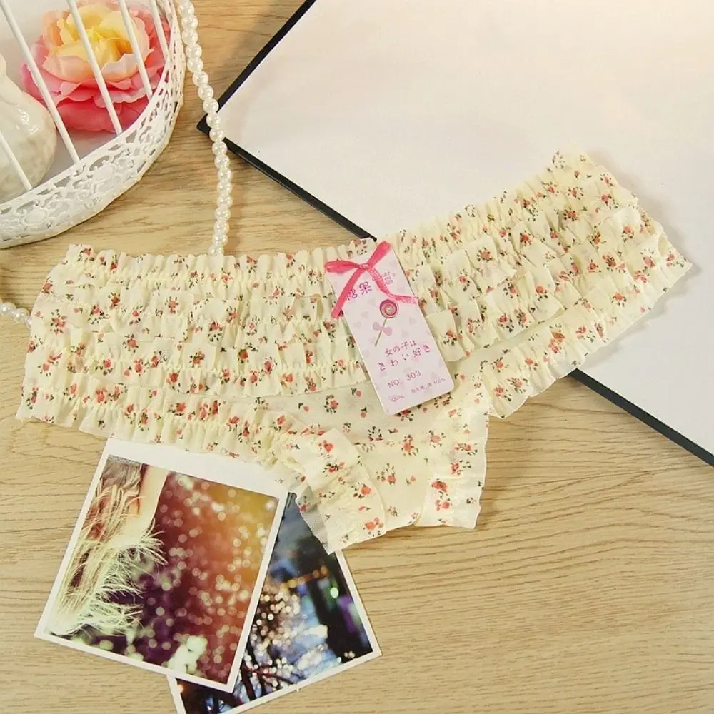 Polka Dot Pattern Lace Briefs Underwear Lace Trim Flower Pattern Low Waist Panties Mesh Fabric Cozy Texture