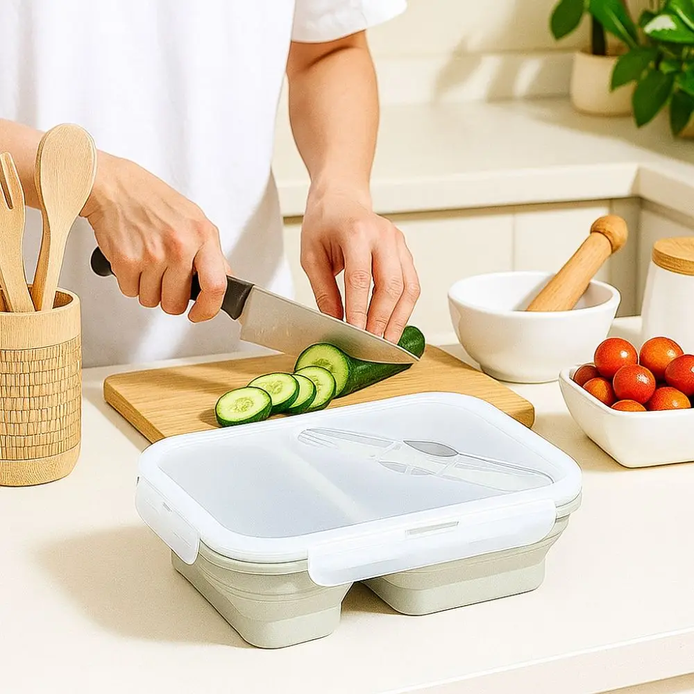 

Rectangle Silicone Lunch Box Large Capacity Airtight Foldable Lunch Box High-temperature Resistant with Lid