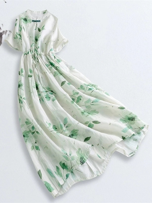 

Хлопковое льняное платье с принтом в стиле ретро, женское летнее платье миди со стрингами и талией для похудения, платье для поездок на работу