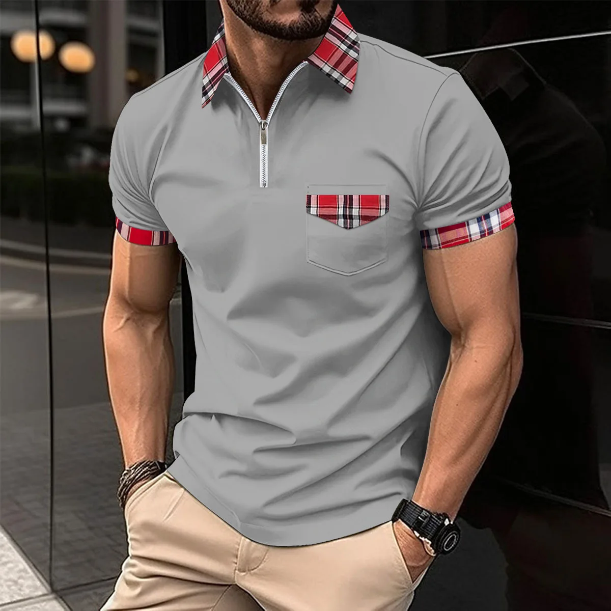 Cross-border 2024 Summer Men\'s checked POLO Shirt Stylish casual zipper pocket men\'s sports polo shirt