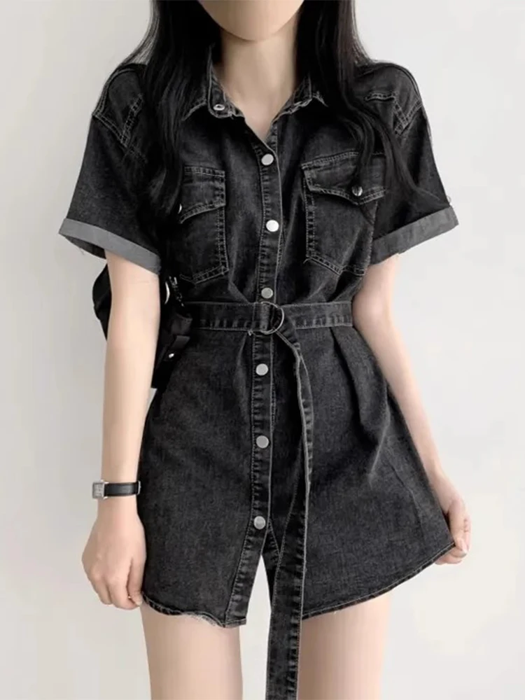 Vintage Temperament Lapel Women Dresses Single-breasted Lace-up Waist Vestidos 2024 Summer Korean Short Sleeve Denim Robe Female