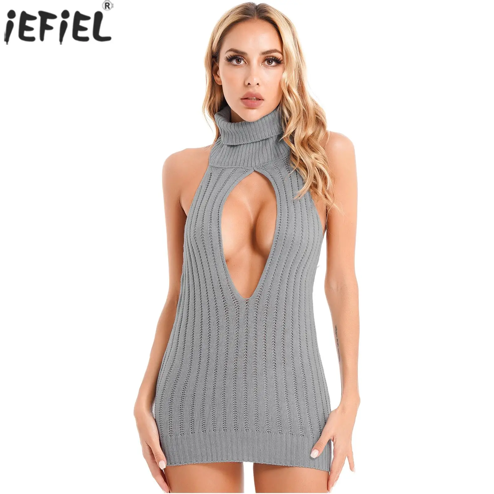 

Womens Backless Turtleneck Knitted Dress Keyhole Lace-up Back Ribbed Mini Dresses Knitwear Clubwear Nightwear