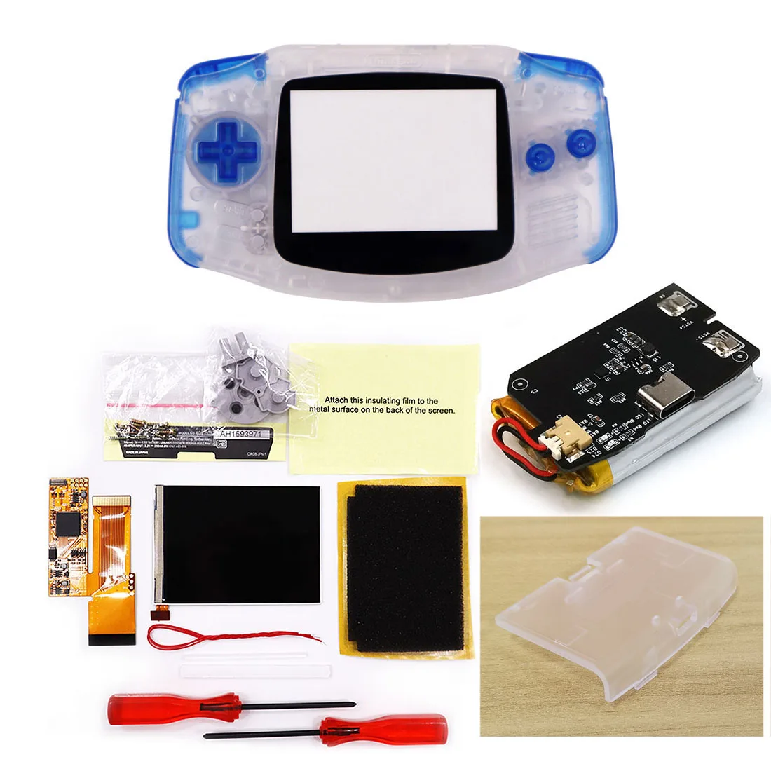 Para gameboy advance gba bateria recarregável mod 1800mah li-ion 3.2 polegada gba v2 ips lcd kit backlight habitação usb tipo c capa