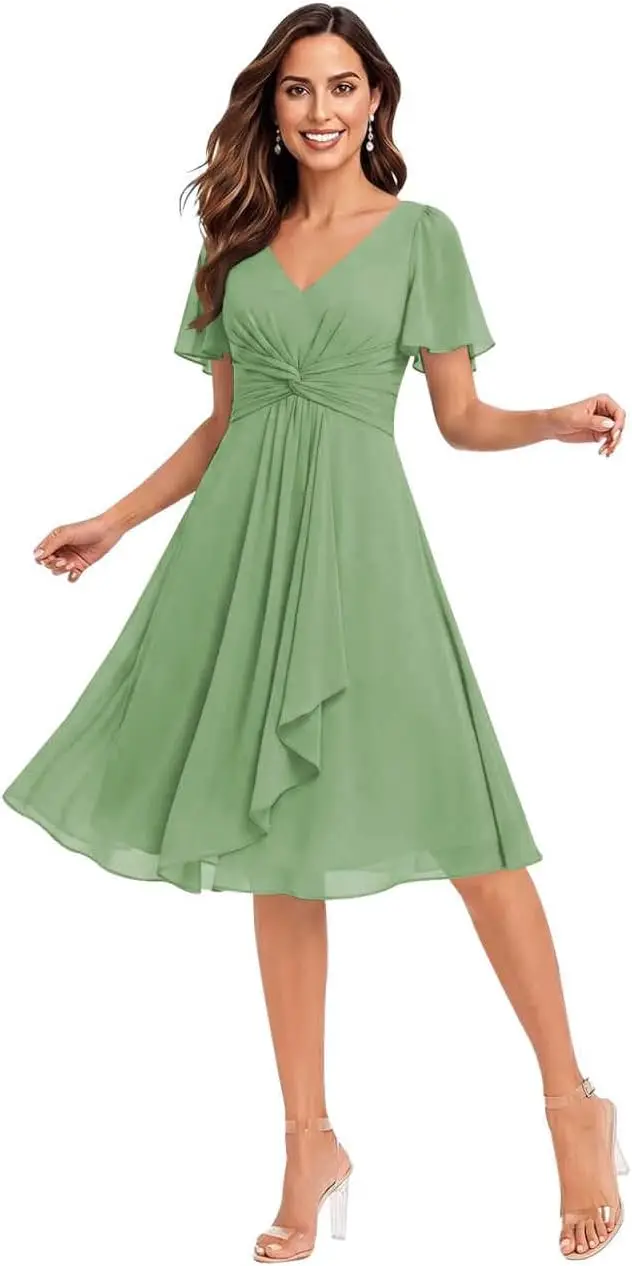 V-neck Short Bridesmaid Dresses with Sleeves Chiffon Ruffles Pleated Formal Cocktail Dress Evening Gown Ball Gown Party Dresses
