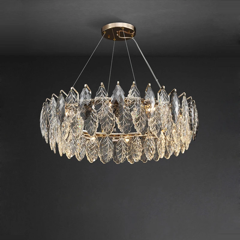 led dimmable crystal chandelier goose feather ouro prata lustre suspensao luminaria iluminacao para sala de jantar 01