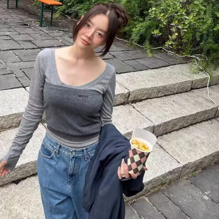 

Slim Fit Long Sve Base irt Корейский Sle Большой круглый полупрозрачный многослойный топ для мужчин и женщин Пластиковая ткань с вышивкой