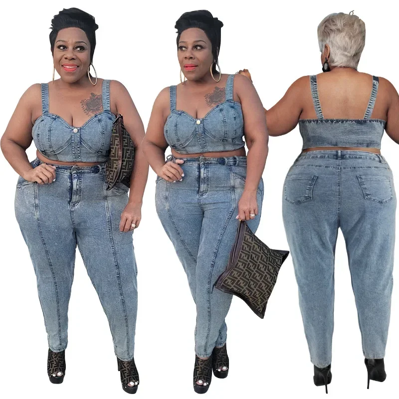 

MY800 European and American plus size women's clothing 2025 summer new washing process denim suit set, fat MM, women's suit