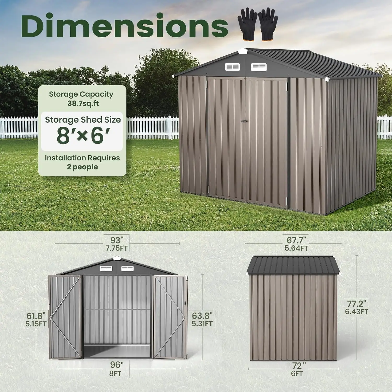 8x6 FT Outdoor Storage Shed, Full Size Metal Utility Shed (No Floor)
