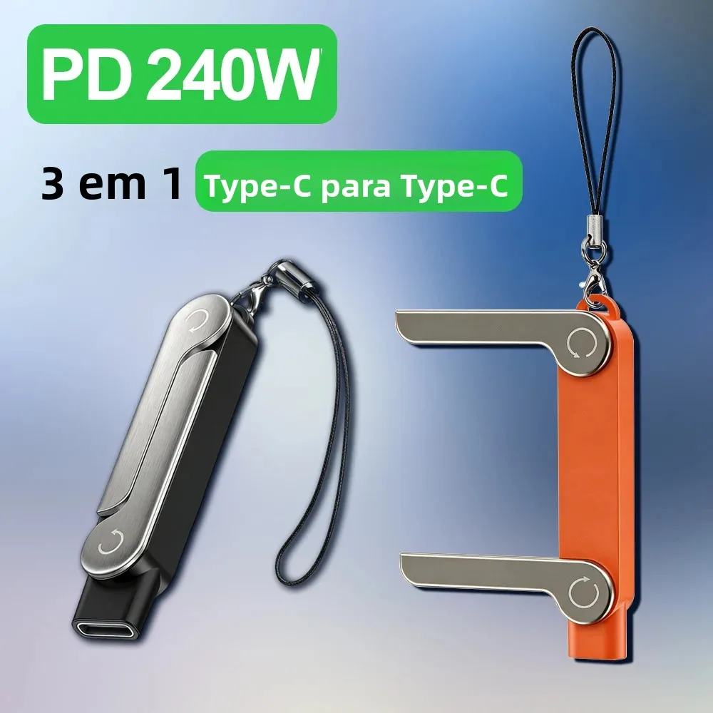 Cabo de Carregamento USB Tipo C Plano com Suporte Dobrável Invisível para Celular e Carregamento de 240W