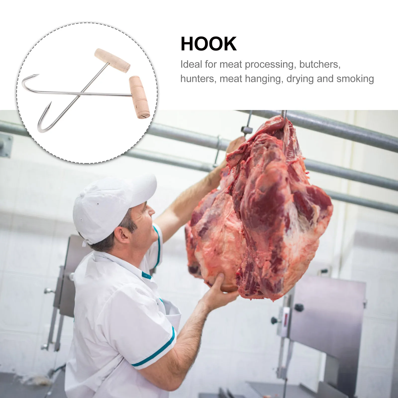 2 قطعة خطافات اللحوم على شكل حرف T من الفولاذ المقاوم للصدأ مقبض خشبي معالجة الجزار أداة معلقة تحمل لـ