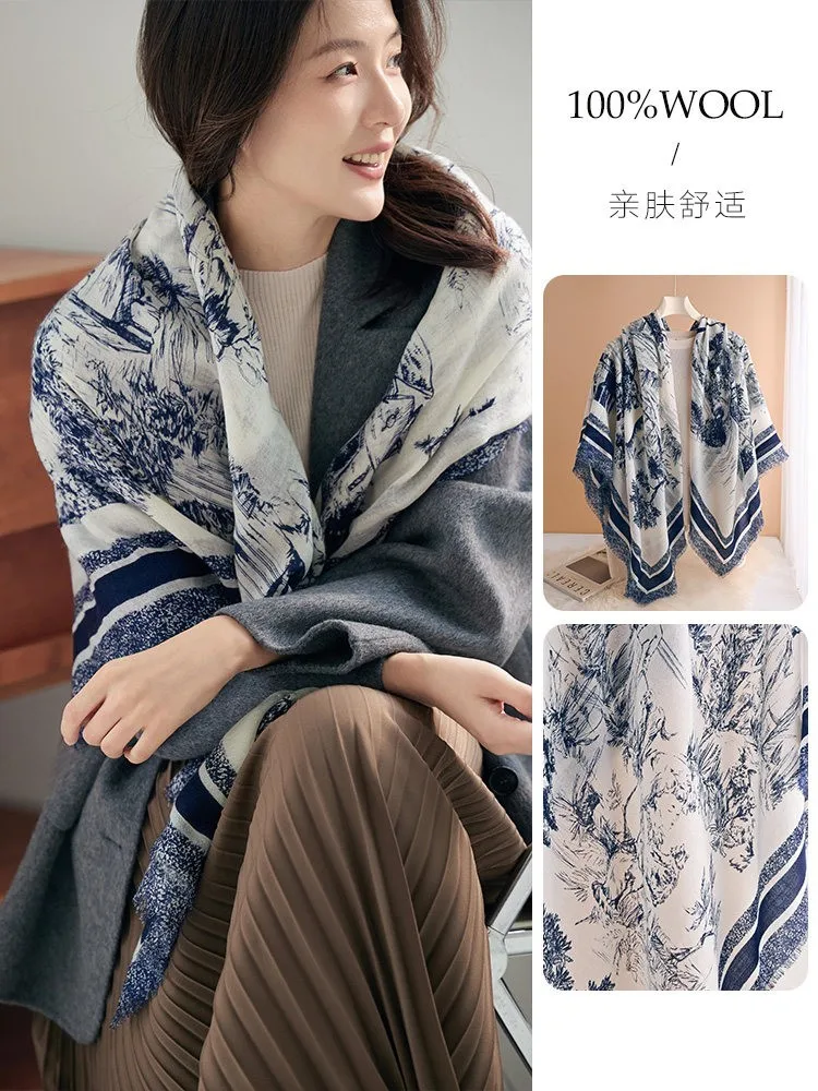 A new style of blue ink-wash real fur scarf for women large square silk shawl and outerwear air-conditioned rooms