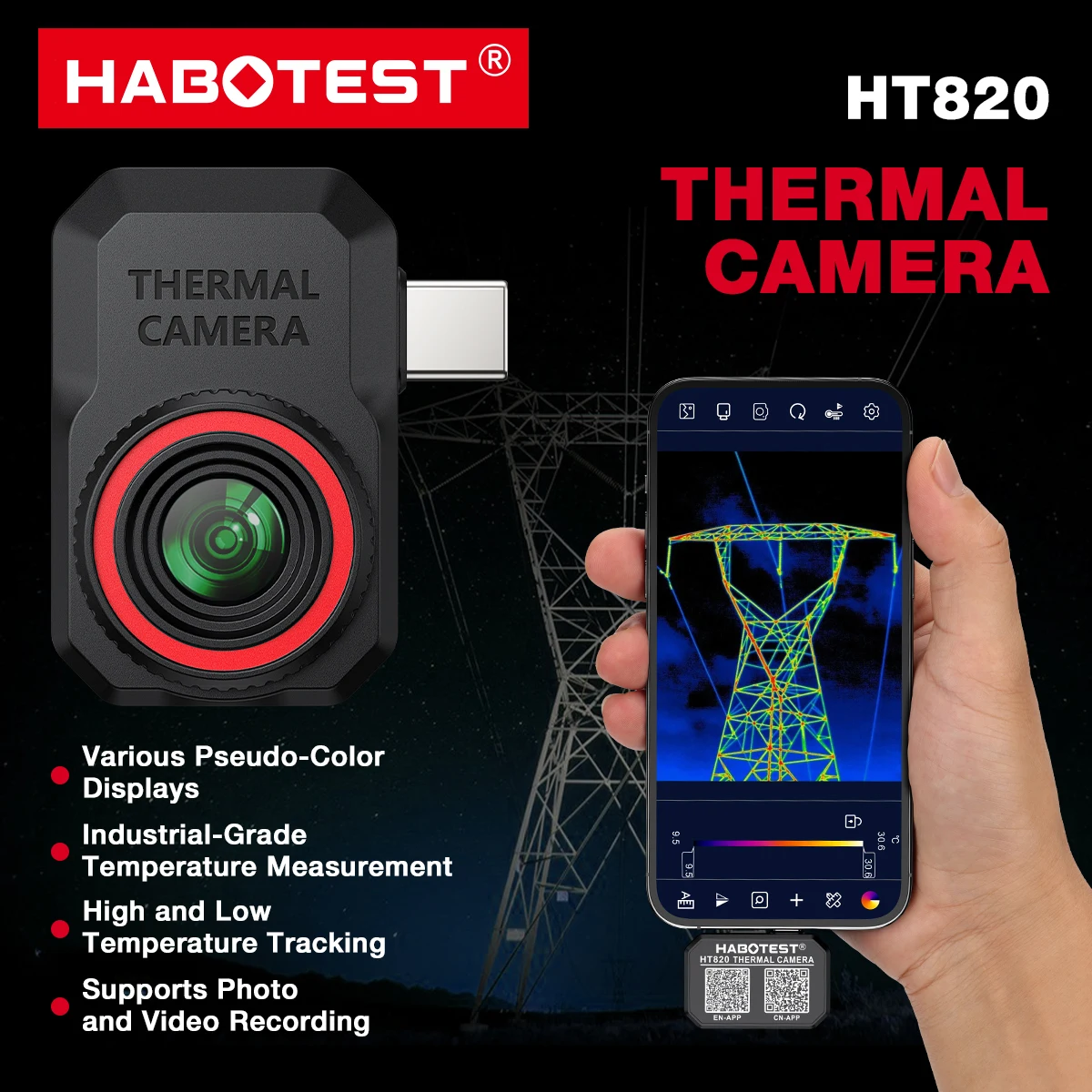 2026 New HABOTEST HT820 Phone Thermal Camera 256x192 Resolution 25Hz Frame Rate for Android Phone -15~600℃ Type-C