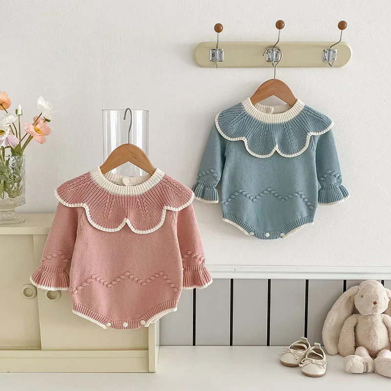 

MILANCEL New Autumn Baby Knit Bodysuit Toddler Girls Cute Lotus Leaf Collar Pullover Infant Outwear One Piece