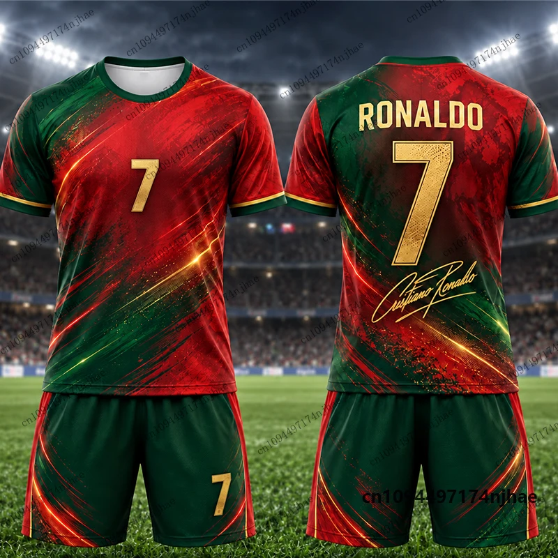 2-teiliges Outfit Trainingsanzug für Kinder Ronaldo # 7 Bedruckte T-Shirt- und Shorts-Sets, Fußballtrikot-Set, Sportbekleidung für Kinder/Erwachsene – Detail 4
