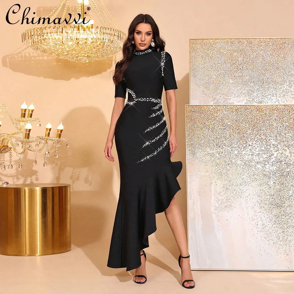 

American Style Elegant Black Evening Dresses Round Neck Short Sleeve Diamond Irregular Bandage Long Dress for Women 2026 Spring