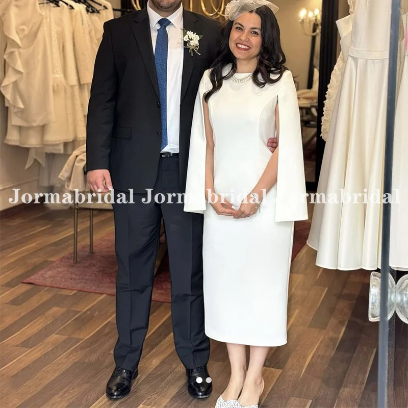 

Modest Mid-Calf Wedding Dress with Cape Sleeves Ivory Crepe Vintage Short Straight Bridal Gowns Custom Made Formal Party Dress