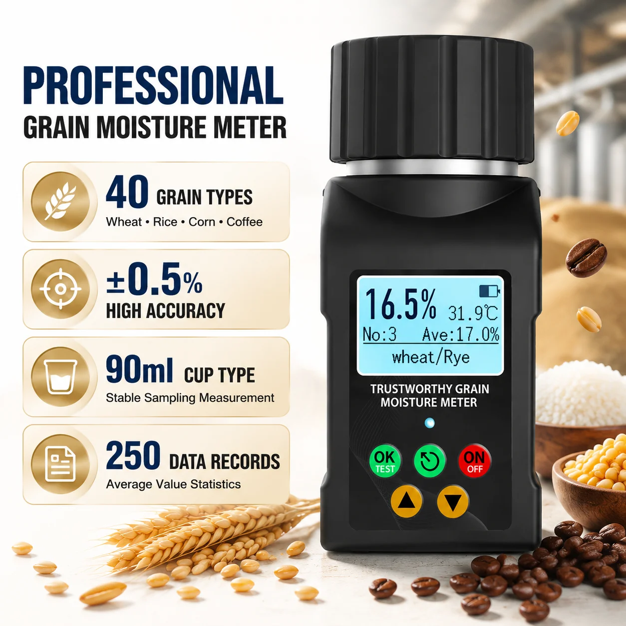 Grain Moisture Meter Digital 40 Grains Tester Wheat Corn Rice Coffee Cocoa LCD Temperature Moisture Analyzer Cup Type 9 Language