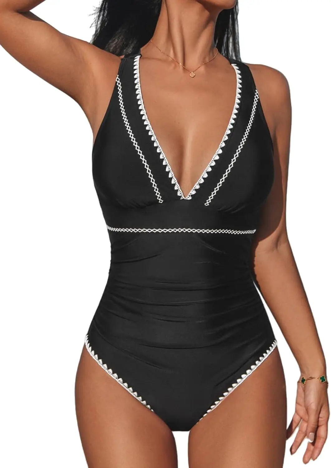 

Luxy Trio Women's One Piece Swimsuit V Neck Shell Stitched Bathing Suit Swimwear