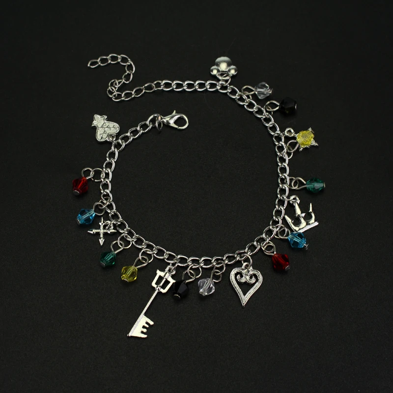 Kingdom Hearts Charm Bracelet Sora Keyblade Heart Crown Crystal Multi Charms Adjustable Chain Bracelet Game Cosplay Jewelry