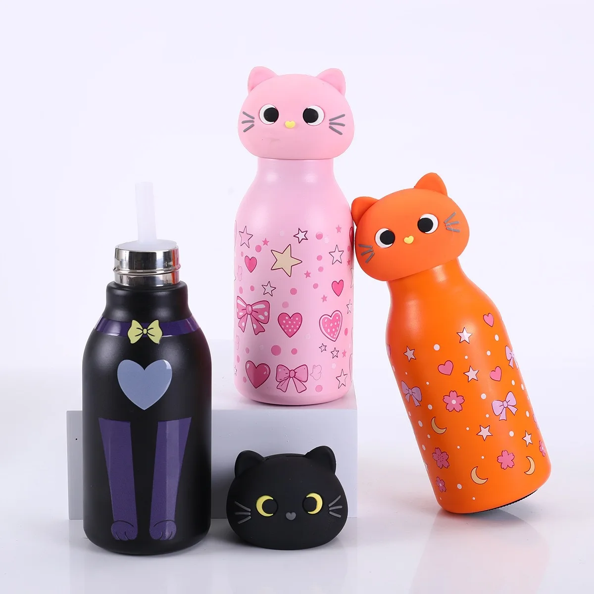 Insulated Stainless Steel Water Bottle with Cat Detachable Soft Head Cartoon Cat Shaped Thermos Bottle With Straw For Kids