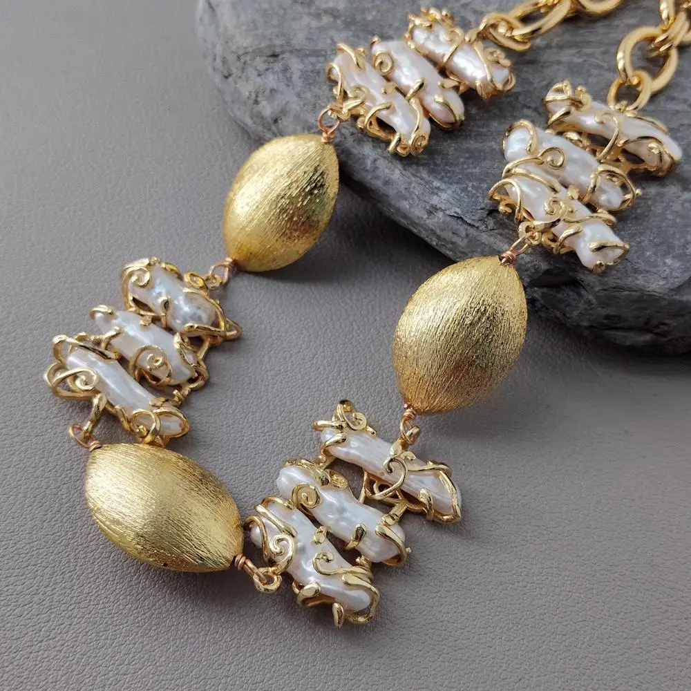 

Золотая цепочка yygem 26x32 мм, пресноводный белый жемчуг Biwa 22x28 мм, матовая отделка, матовая бусина, ожерелье-воротник, дизайнерские ювелирные изделия