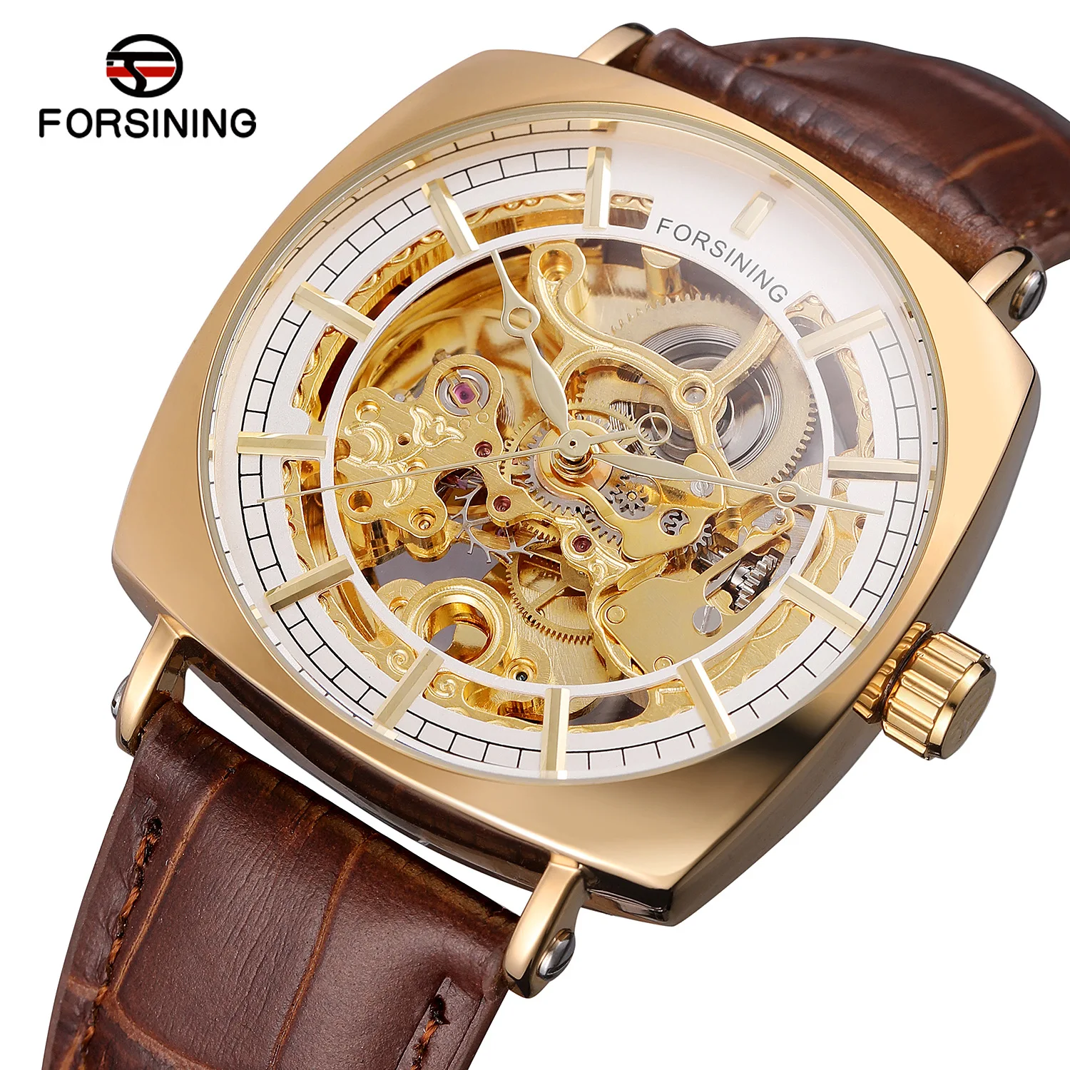 2024 Fashion Forsining Top Brand Genuine Leather Men\'s Automatic Mechanical Square Dial Casual Hollow Out Business Wrist Watches