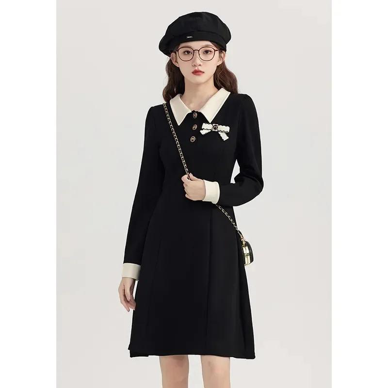 Women's Dress 2024 Autumn Pear Shaped Figure Bow French Contrasting Long Sleeved Fashionable Waist Slimming and Stylish Dress WF