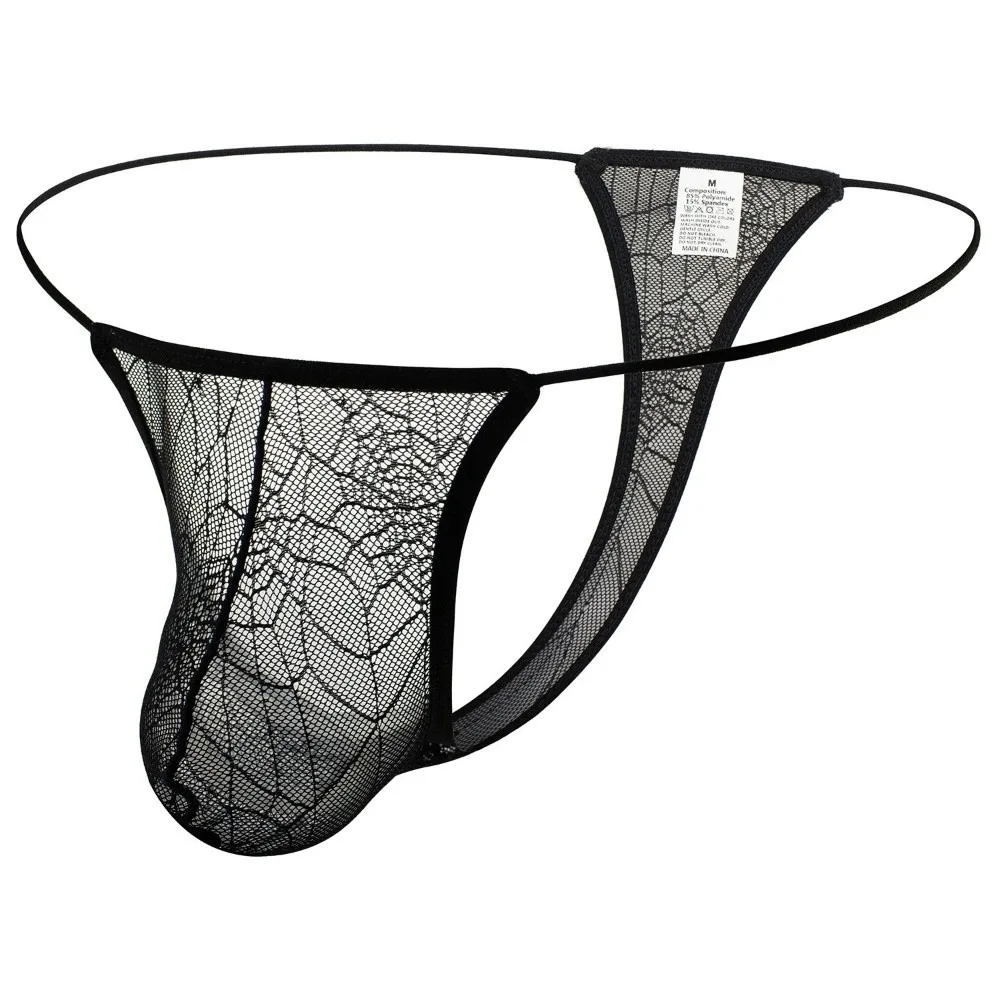 Thin Belt Low Waist Men's Thongs Mesh Transparent T-back Briefs Halloween Net U Convex Pouch Lace Triangle Panties Sport Use